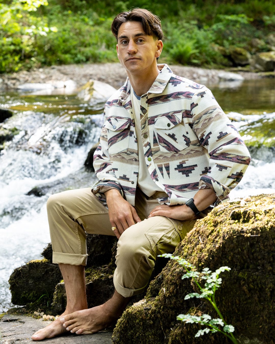 Asher Mens Jacquard Shirt in Cream - Image 4