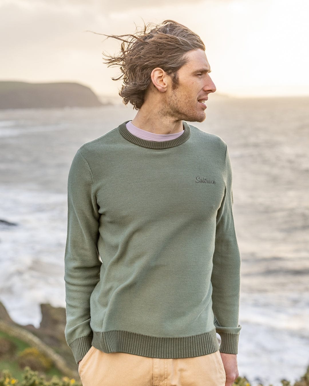 Callum Mens Knitted Jumper in Green - Image 2
