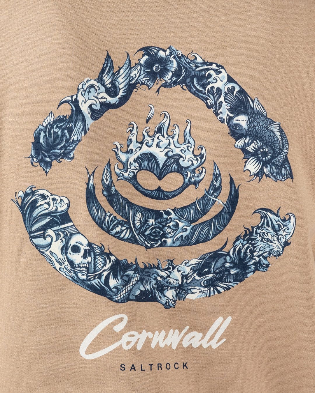 Deep Sea Flame Cornwall Mens Pop Hoodie in Beige - Image 2