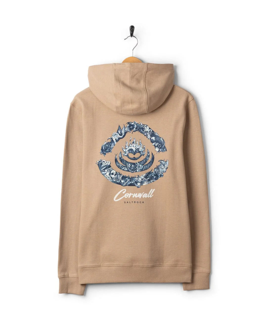 Deep Sea Flame Cornwall Mens Pop Hoodie in Beige - Image 4