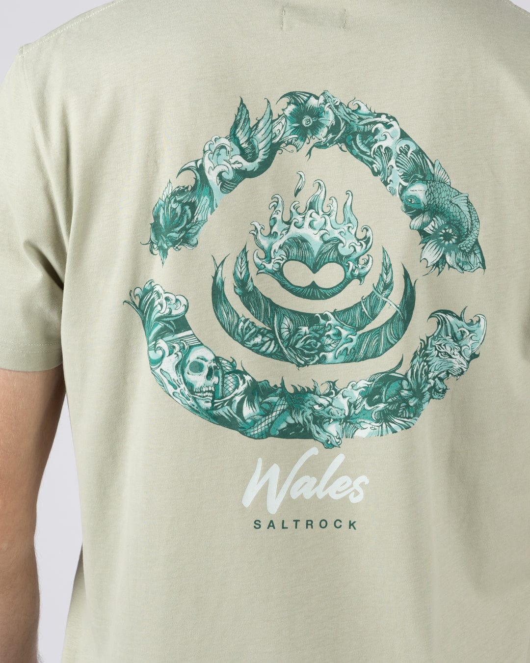 Deep Sea Flame Wales Mens Short Sleeve T-Shirt in Light Green - Image 2