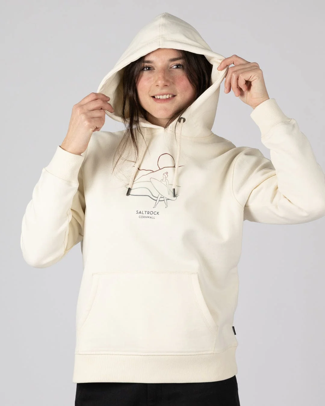 Happy Place Cornwall Womens Pop Hoodie in Cream - Image 6