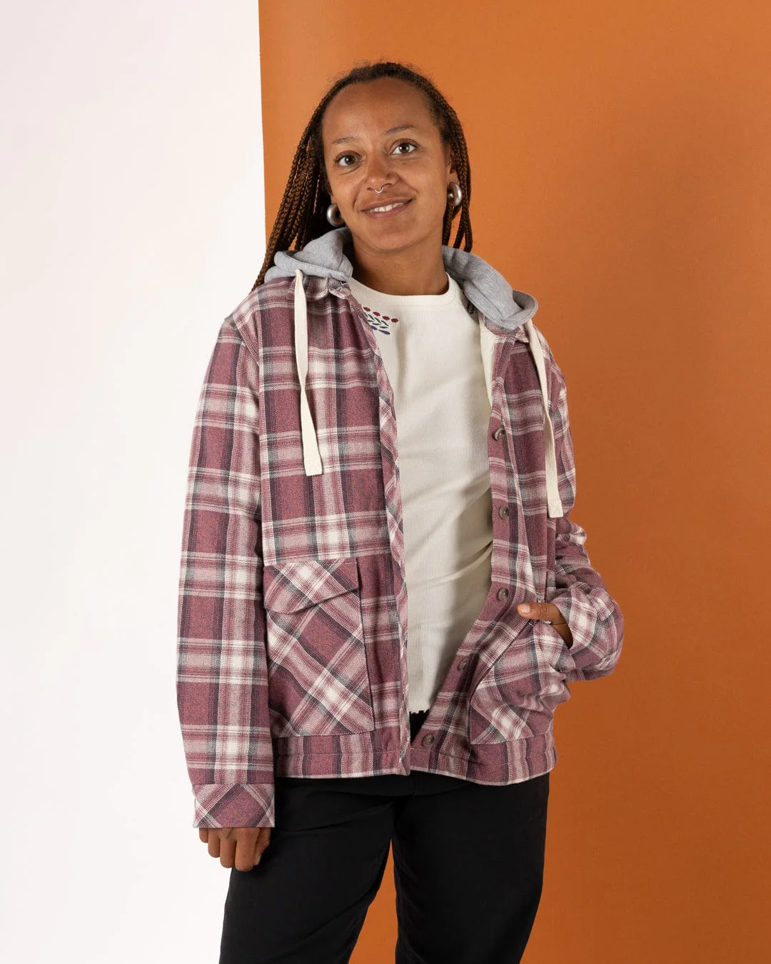 Myla Womens Hooded Check Shacket in Pink Check