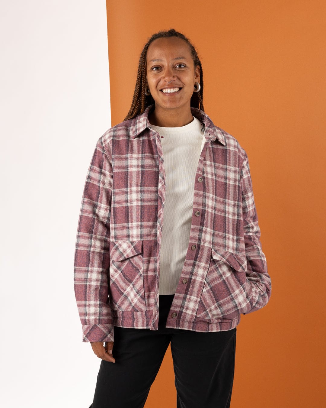 Myla Womens Hooded Check Shacket in Pink Check - Image 7
