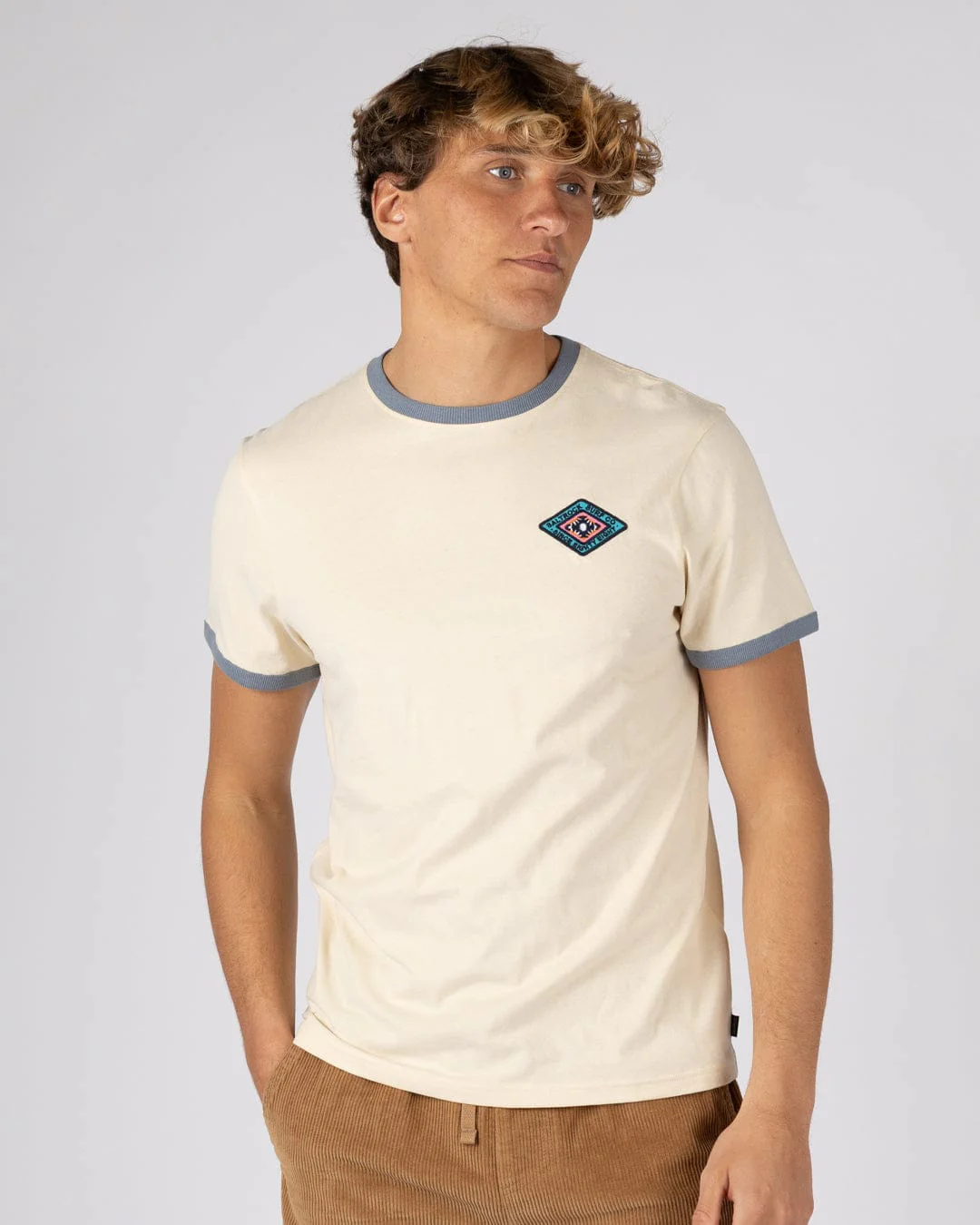 Offshore Ringer Mens Short Sleeve T-Shirt in Cream