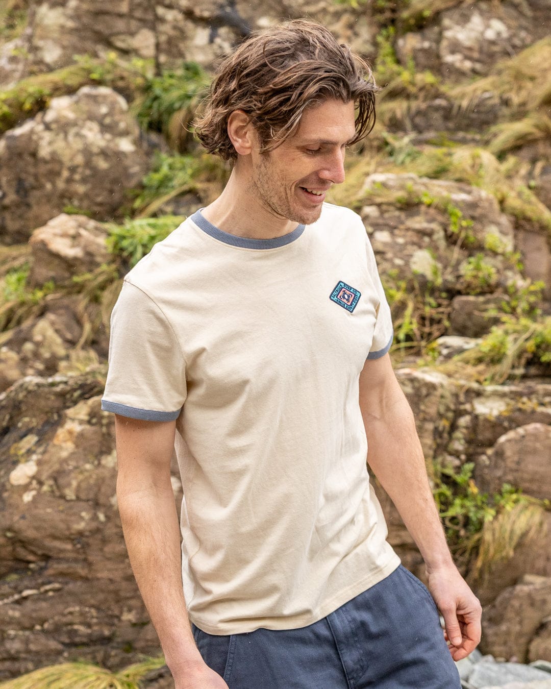 Offshore Ringer Mens Short Sleeve T-Shirt in Cream - Image 3
