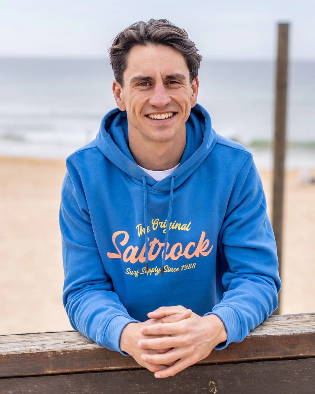 Postcard Bloc Pop Mens Hoodie in Bright Blue - Image 4