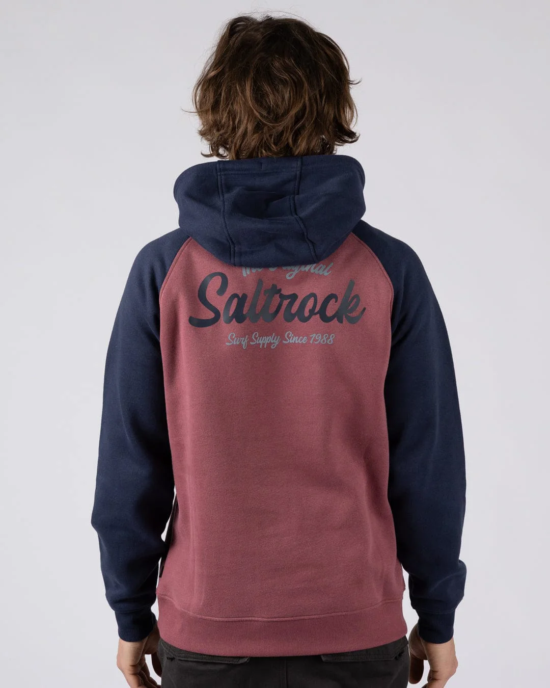 Postcard Script Mens Raglan Pop Hoodie in Dark Pink/Blue