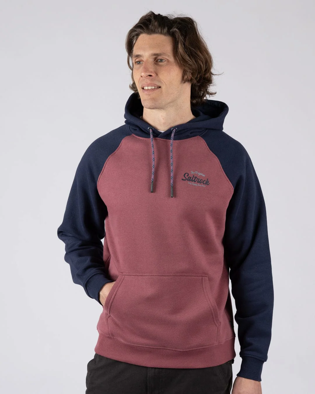 Postcard Script Mens Raglan Pop Hoodie in Dark Pink/Blue - Image 2