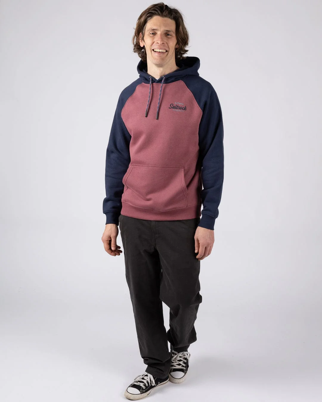 Postcard Script Mens Raglan Pop Hoodie in Dark Pink/Blue - Image 6