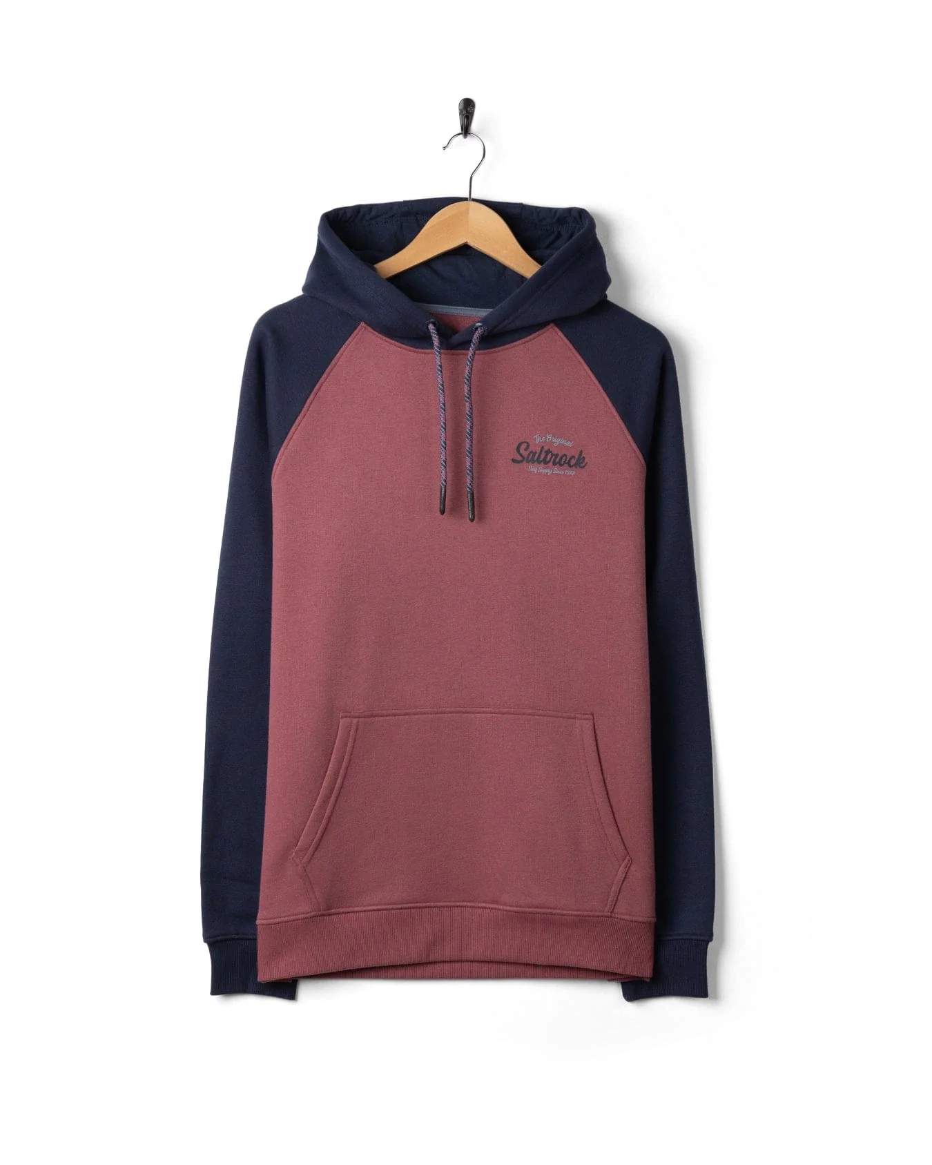 Postcard Script Mens Raglan Pop Hoodie in Dark Pink/Blue - Image 8