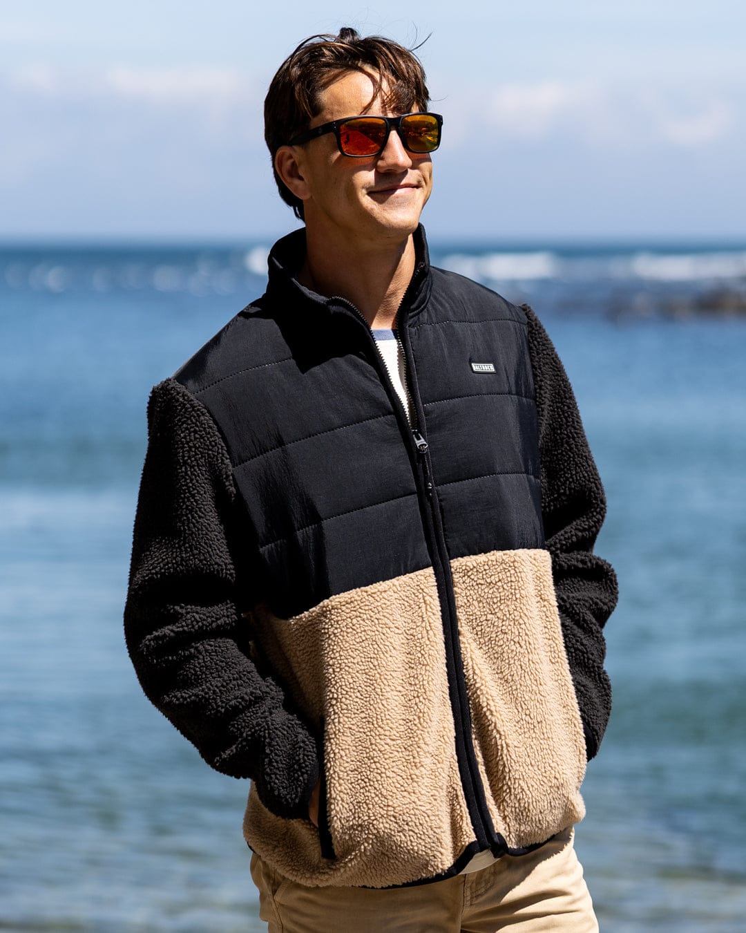 Rafe Mens Zip Fleece in Black/Beige - Image 7