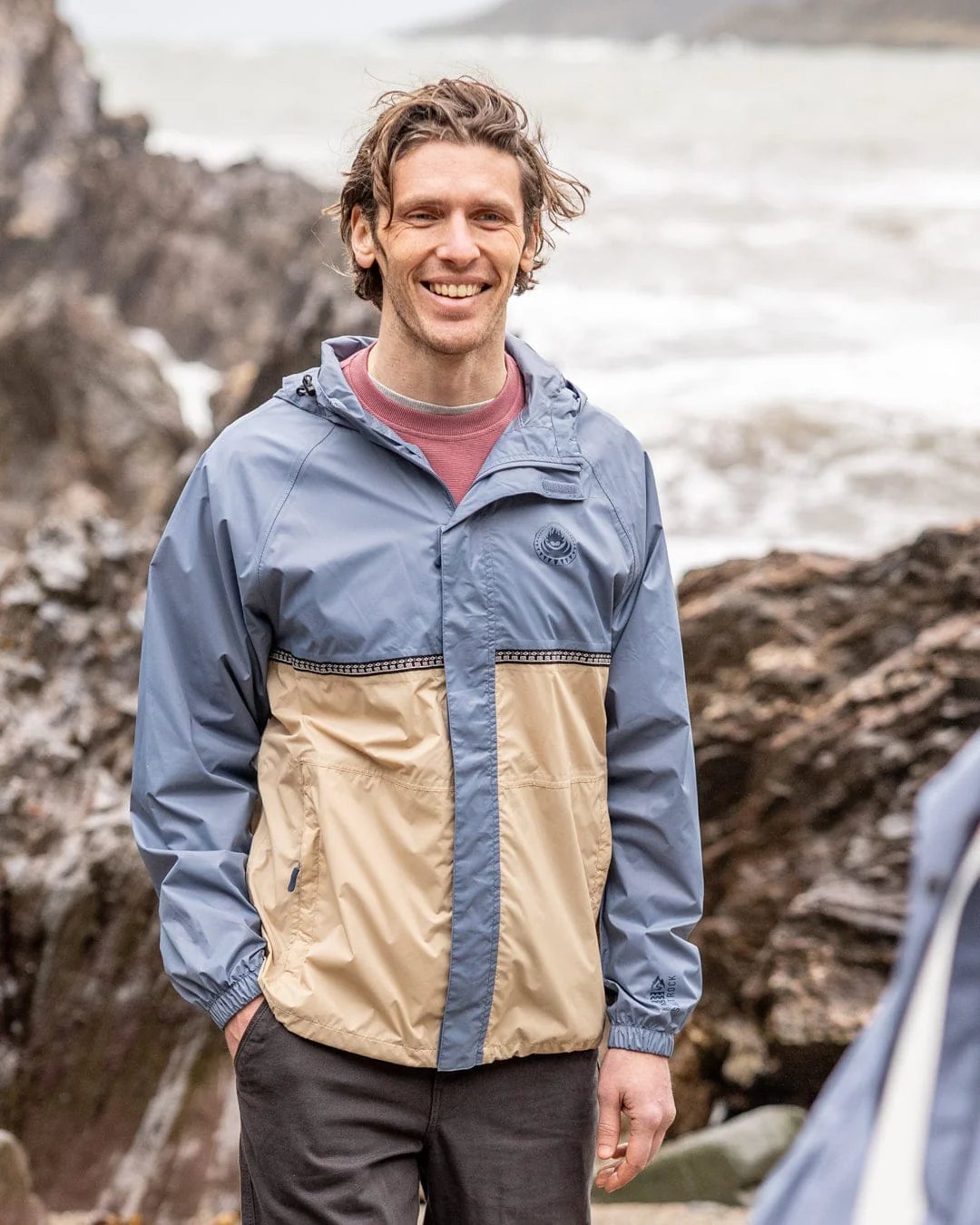Rainer Tribal Mens Waterproof Packable Rain Jacket in Blue/Beige - Image 2