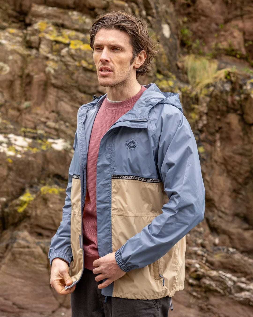 Rainer Tribal Mens Waterproof Packable Rain Jacket in Blue/Beige - Image 8