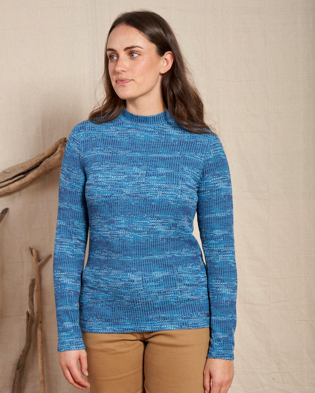 Space Dye Brooklyn Womens Funnel Neck Top in Blue