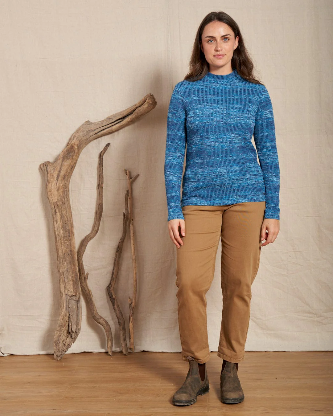 Space Dye Brooklyn Womens Funnel Neck Top in Blue - Image 3