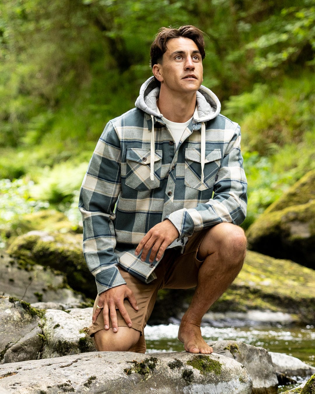 Strait Mens Hooded Flannel Shirt in Green - Image 2