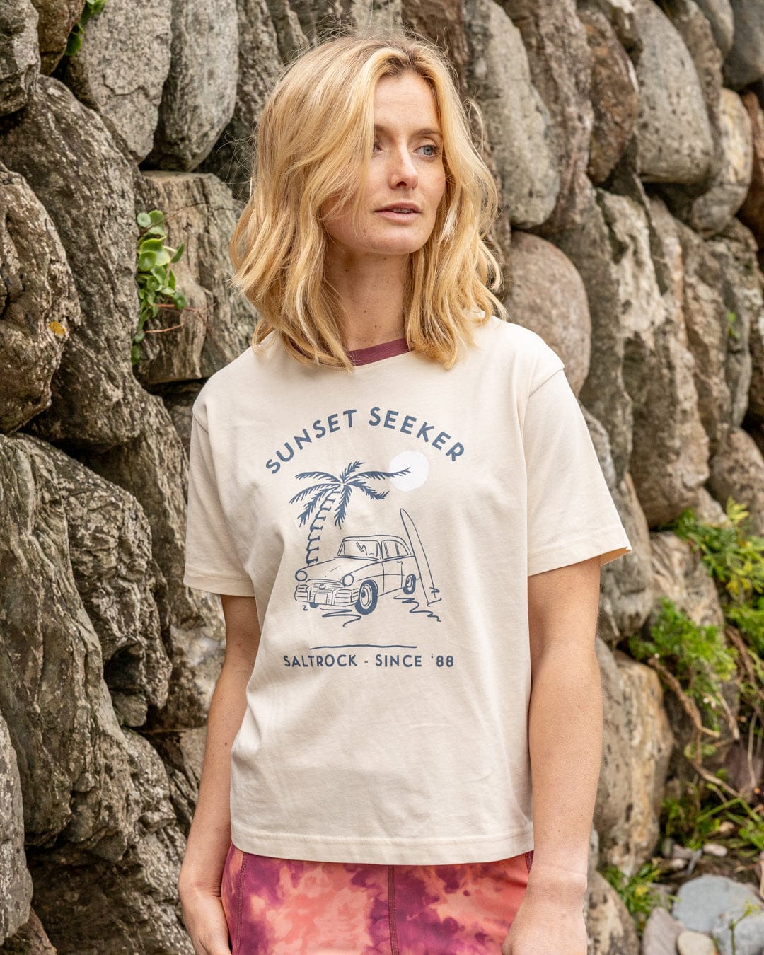 Sunset Seeker Womens Boxy Short Sleeve T-Shirt in Cream - Image 2