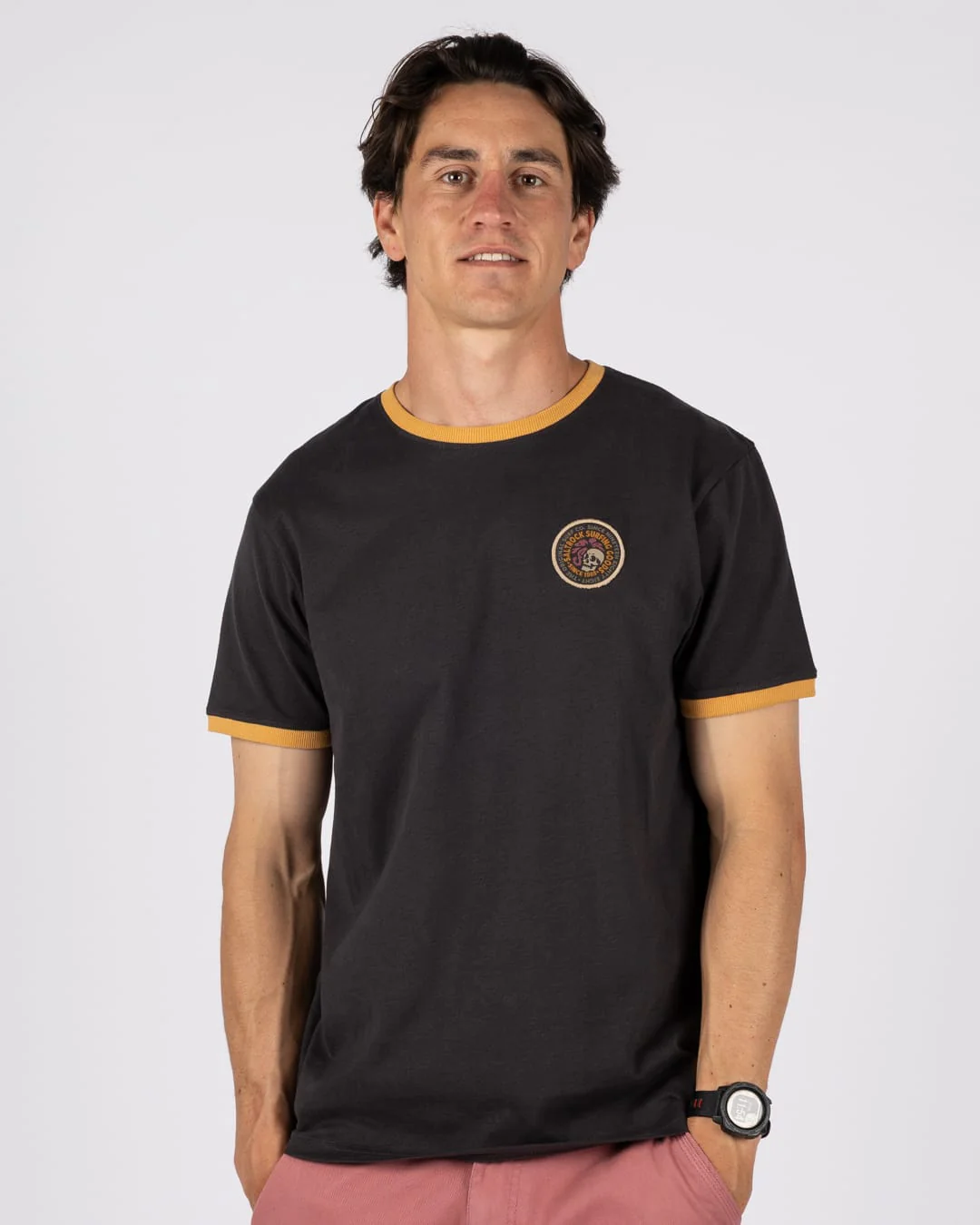 Trail Badge Ringer Mens Short Sleeve T-Shirt in Dark Grey
