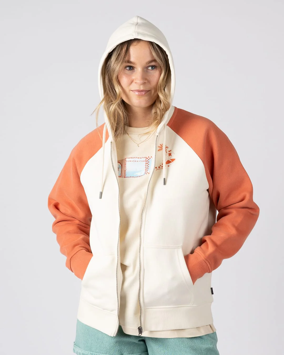 Waves For Days Women Zip Through Hoodie in Cream - Image 4
