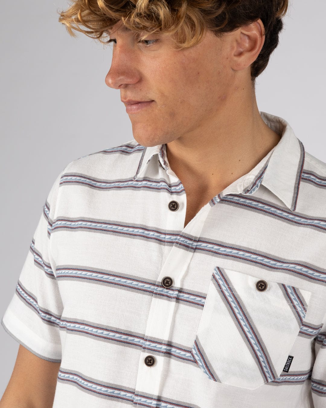 Waves Mens Short Sleeve Jacquard Shirt in Cream - Image 3