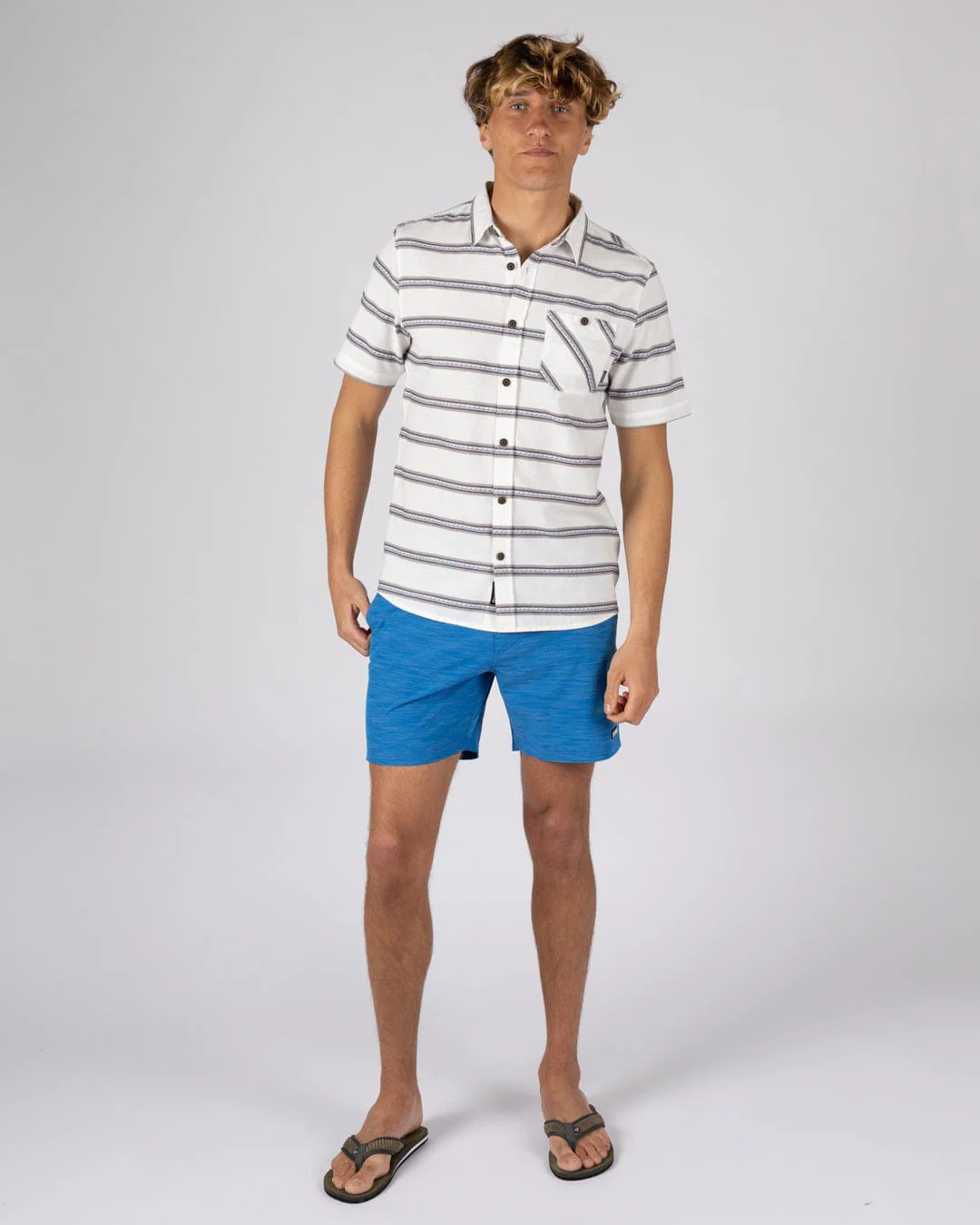 Waves Mens Short Sleeve Jacquard Shirt in Cream - Image 7