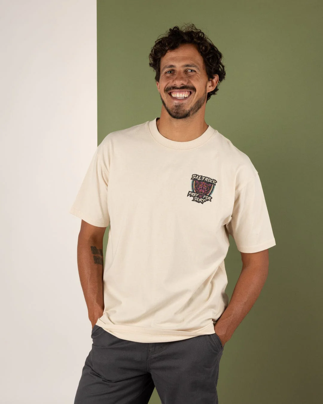 Wolfscale II Mens Oversized Short Sleeve T-Shirt in Cream - Image 2